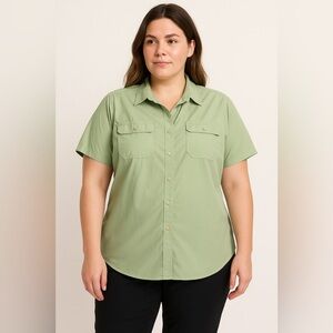 *Eddie Bauer Women’s XL Short Sleeve Button Up Shirt Green | Outdoor Hiking Top